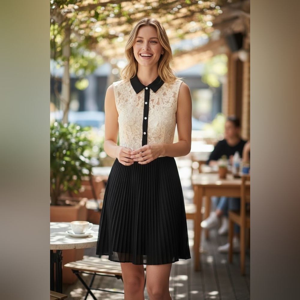 Monteau Lace Detail Pleated Dress Size M